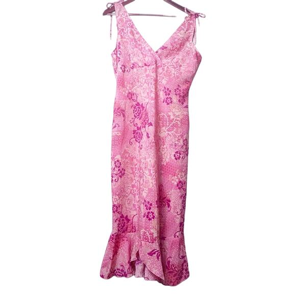 Vintage Dresses & Skirts - Vintage Pink Floral Sleeveless Ruffle Hem Midi Dress Women’s Size Medium